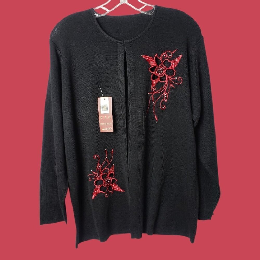 Jindini Collection Cardigan With Red Embroidered Floral Design  Large